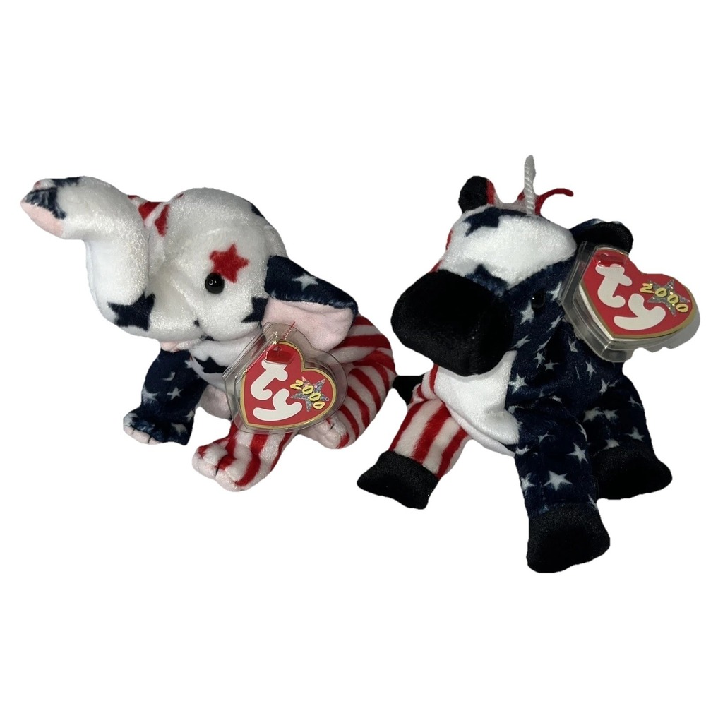 Ty Beanie Babies LEFTY and RIGHTY 2000 Patriotic 6" Donkey Elephant USA RARE NWT
